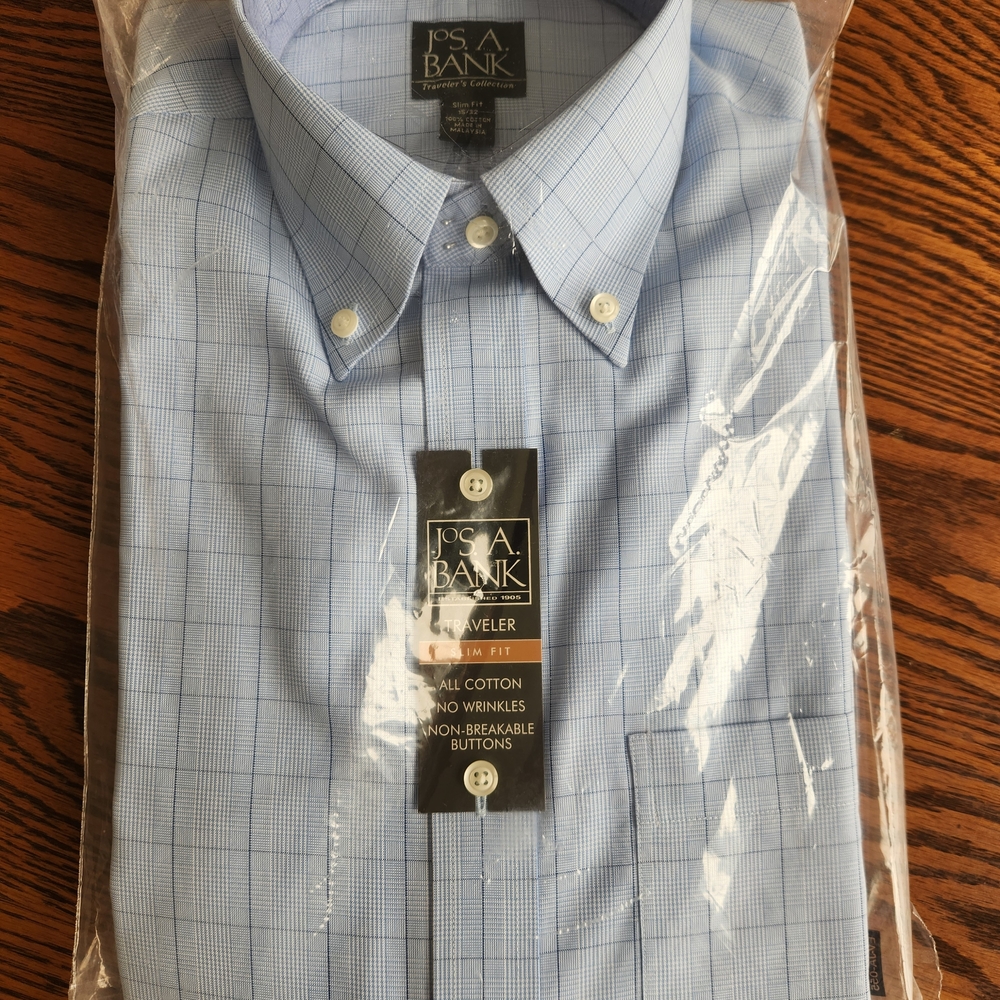 Jos. A. Bank Men's Blue Box Plaid Dress Shirt Slim Fit
